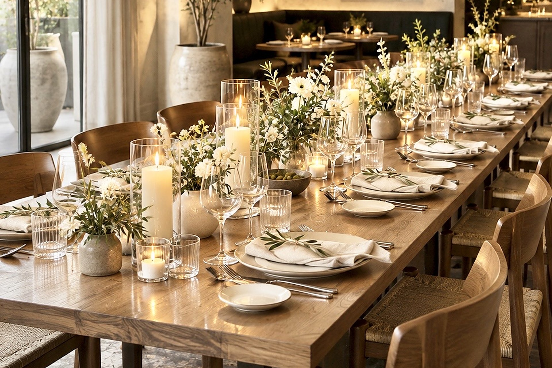 Candlelit dinner table with white florals, greenery, and glassware